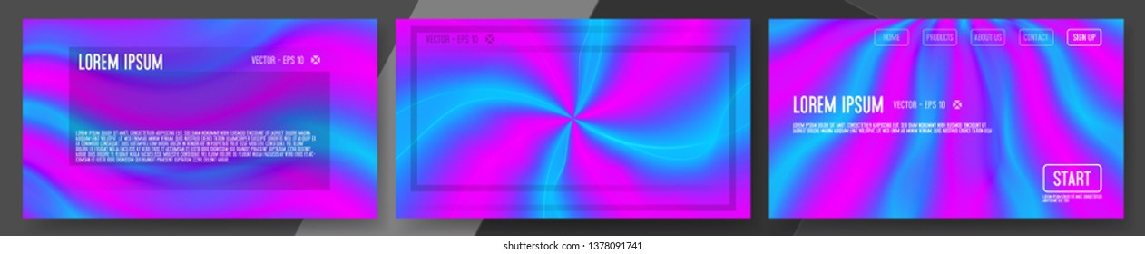 abstract of fluid waves consist of three templates are design as spiral shape and wave shape in multiple view, all of artwork included example UI over abstract such as dialog or text box and home page