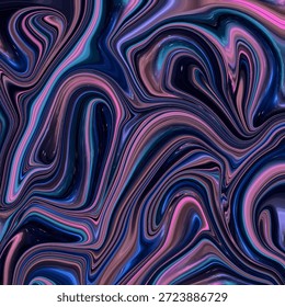 Abstractas ondas fluidas con mármol brillante fluyen en tonos azul oscuro y rosa neón, fondo moderno para el arte, la tecnología y el diseño creativo. Palabras claves de oro: abstracto, fluido, marble, background, waves