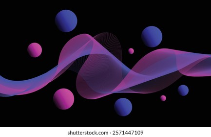 Abstract fluid wavy line background smooth flowing with dots circle gradient blue pink color. Technology digital futuristic wallpaper vector illustration