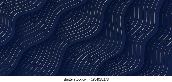 Resumen de forma ondulada de fluido sobre fondo azul marino oscuro, líneas doradas decoran. Diseño de curvas de lujo. Puede utilizar para la plantilla de folleto de portada, el afiche, la web de banners, el anuncio impreso. Vector EPS10