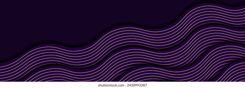 Resumen de formas onduladas de fluido sobre un fondo morado oscuro con líneas doradas decorando. Diseño lujoso de curvas escalonadas. para la plantilla de folleto de portada, afiche, banner web, tarjeta. vector