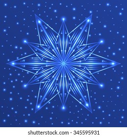 Abstract fluorescent star on blue background with sparkles