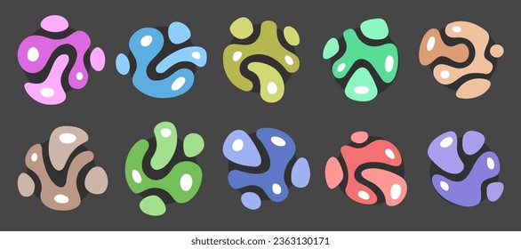 Abstract flux or flow elements collection. Amorphous liquid irregular blob forms. Flowing dynamic liquid shapes for advertising, banners, logo, label