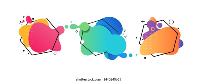 Abstract flux shape set. Pink, yellow, blue, green, orange, violet blobs in hexagons. Wavy forms, bubbles, geometric frames, gradient colors. Vector template for posters, flyers brochures, covers