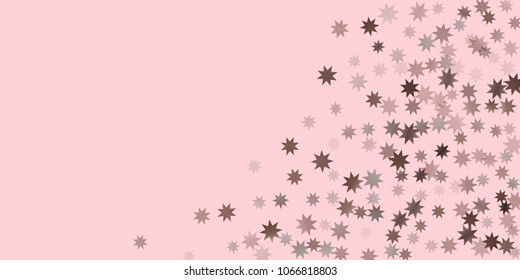 Abstract fly confetti star. A falling star background. Casual brown and gray stars shine on a pink background. Suitable for your design, cards, invitations, gifts.