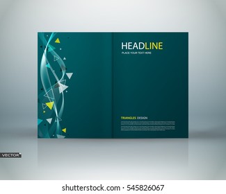 Abstract flyer art. Green brochure cover design. Info banner frame. Elegant ad text font. Title sheet model. Fancy vector front page. Printed blurb. Yellow, white triangle figures icon. Diary binder