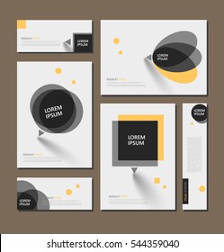 Abstract flyer art. White brochure cover design. Info banner frame. Elegant ad text font. Title sheet model set. Fancy vector front page. Square printed blurb. Yellow, black figures icon. Diary binder