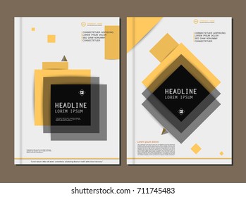 Abstract flyer art. White brochure cover design. Info banner frame. Elegant ad text font. Fancy vector front page. Yellow, black figures icon. Diary binder
