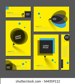 Abstract Flyer Art. Yellow Brochure Cover Design. Info Banner Frame. Elegant Ad Text Font. Title Sheet Model Set. Fancy Vector Front Page. Square Printed Blurb. Blue, Black Figures Icon. Diary Binder