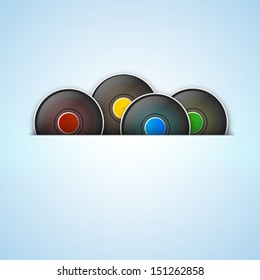 Abstract flyer, banner or poster with illustration of vinyl on blue background. 