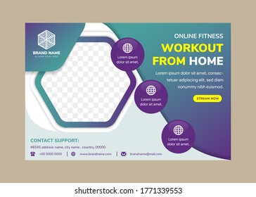 Abstract Flyer Brochure For Cross Fit GYM, Generic Design Template With Horizontal Layout And Hexagon Space For Photo. Online Tutoring , Education. Paper Cut Style With Shadow Use Blue Green Gradient.