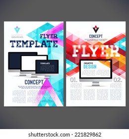 Abstract Flyer, Brochure Design Templates. Web Sites, Page, Leaflet.Geometric Triangular  Backgrounds. Mobile And Computer Technologies, Template Page Marketing Kit Concept.