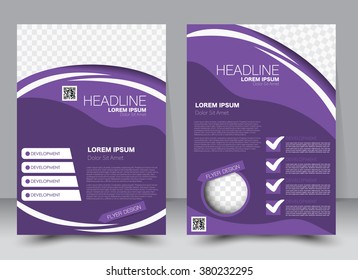 Abstract Flyer Design Background. Brochure Template. Can Be Used For Magazine Cover, Business Mockup, Education, Presentation, Report. A4 Size With Editable Elements. Purple Color