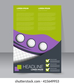 Abstract flyer design background. Brochure template. To be used for magazine cover, business mockup, education, presentation, report.  Green, purple and grey color