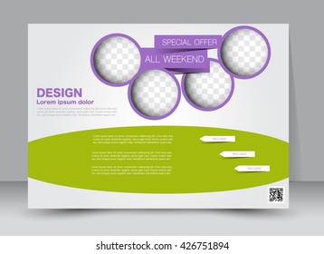 Abstract flyer design background. Brochure template. Street billboard design. Landscape orientation. For magazine cover, annual report, business, education, presentation. Green and purple color.