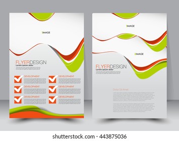 Abstract flyer design background. Brochure template. Can be used for magazine cover, business mockup, education, presentation, report. a4 size with editable elements. Green and orange color.