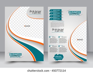 Abstract Flyer Design Background. Brochure Template. Can Be Used For Magazine Cover, Business Mockup, Education, Presentation, Report. A4 Size With Editable Elements. Orange And Green Color.