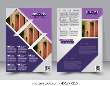 Abstract flyer design background. Brochure template. Can be used for magazine cover, business mockup, education, presentation, report. a4 size with editable elements. Purple color.