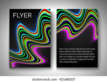 Abstract flyer design. Glowing rainbow lines. Vector  template for poster, cover, brochure.