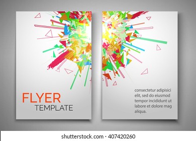 Abstract flyer design. Particles splash, explosion effect. Vector graphic template for poster, cover, brochure.