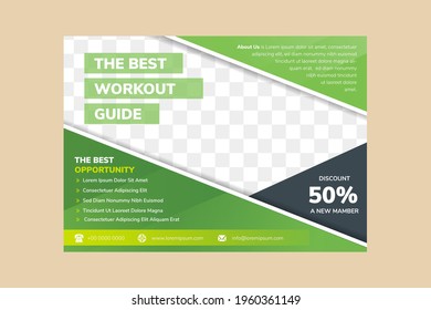 Abstract flyer design template for the best workout guide with green background and grey of element. Vector elegant backdrop for promotion with diagonal space for photo collage.