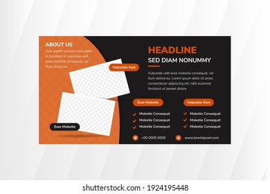 Abstract flyer design template for horizontal layout use orange element and black background. Can be used as Online Banner. Company Presentation Layout. space for photo on the left place.