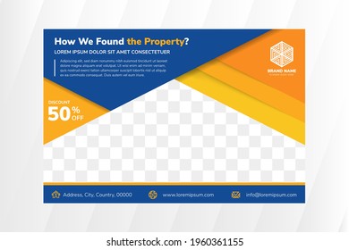 Abstract flyer design template for property program with Blue background and Orange gradient of element. Vector elegant backdrop for promotion with space for photo. Home space for photo collage.