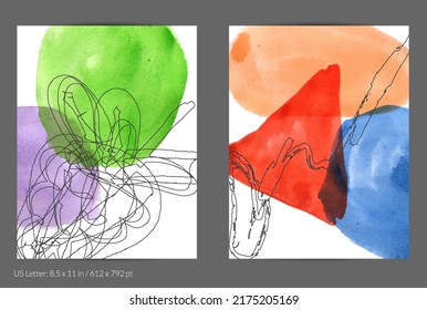 Abstract flyer social media template. Contemporary simple composition. Rough scribble uneven hand drawn floral fruit shapes made with black ink on transparent overlapping watercolor paint spots.