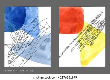 Abstract flyer social media template. Contemporary simple composition. Rough scribble uneven hand drawn floral fruit shapes made with black ink on transparent overlapping watercolor paint spots.