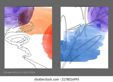 Abstract flyer social media template. Contemporary simple composition. Rough scribble uneven hand drawn floral fruit shapes made with black ink on transparent overlapping watercolor paint spots.