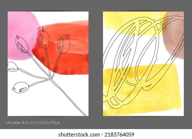 Abstract flyer social media template. Contemporary simple composition. Rough scribble uneven hand drawn floral fruit shapes made with black ink on transparent overlapping watercolor paint spots.