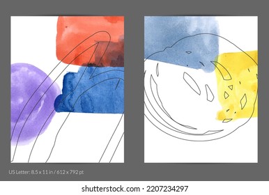 Abstract flyer social media template. Contemporary simple composition. Rough scribble uneven hand drawn floral fruit shapes made with black ink on transparent overlapping watercolor paint spots.