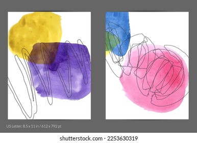 Abstract flyer social media template. Contemporary simple composition. Rough scribble uneven hand drawn floral fruit shapes made with black ink on transparent overlapping watercolor paint spots.