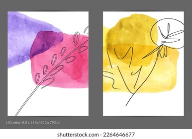 Plantilla de medios sociales de volante abstracto. Composición simple contemporánea. Ros garabatos de formas de fruta florales dibujadas a mano y hechas con tinta negra en manchas transparentes de pintura acuarela superpuestas.