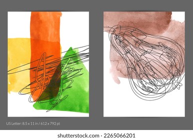 Abstract flyer social media template. Contemporary simple composition. Rough scribble uneven hand drawn floral fruit shapes made with black ink on transparent overlapping watercolor paint spots.