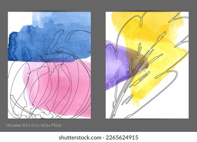 Abstract flyer social media template. Contemporary simple composition. Rough scribble uneven hand drawn floral fruit shapes made with black ink on transparent overlapping watercolor paint spots.