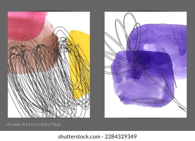 Abstract flyer social media template. Contemporary simple composition. Rough scribble uneven hand drawn floral fruit shapes made with black ink on transparent overlapping watercolor paint spots.