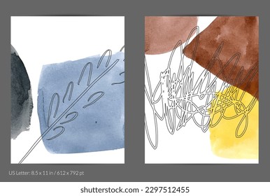 Abstract flyer social media template. Contemporary simple composition. Rough scribble uneven hand drawn floral fruit shapes made with black ink on transparent overlapping watercolor paint spots.