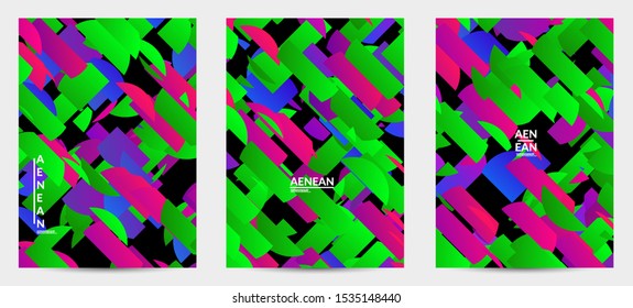 Abstract flyer template with bright colored random stripes. Dynamic modern design with scattered gradient geometric shapes. Simple colorful futuristic elements. Sport music social media layout.