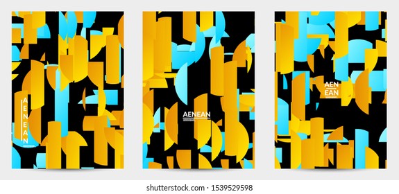 Abstract flyer template with bright colored random stripes. Dynamic modern design with scattered gradient geometric shapes. Simple colorful futuristic elements. Sport music social media layout.