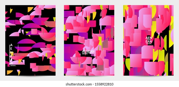 Abstract flyer template with bright colored random stripes. Dynamic modern design with scattered gradient geometric shapes. Simple colorful futuristic elements. Sport music social media layout.