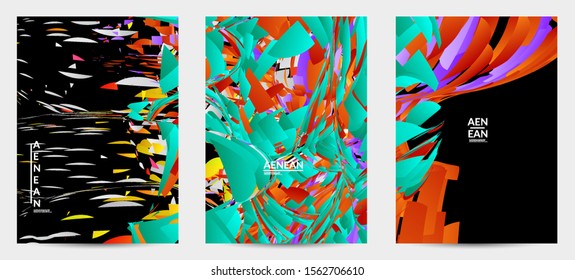 Abstract flyer template with bright colored random small particle explosion. Sport music social media layout. Optical art dynamic background with outer space motion. Futuristic vector.