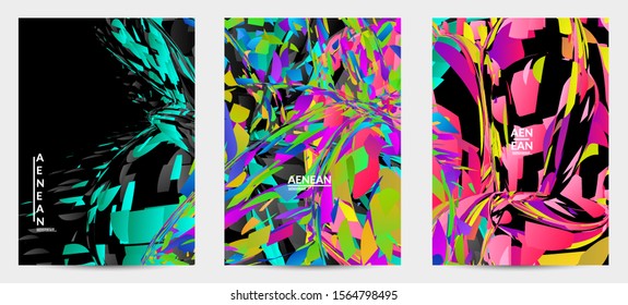 Abstract flyer template with bright colored random small particle explosion. Sport music social media layout. Optical art dynamic background with outer space motion. Futuristic vector.