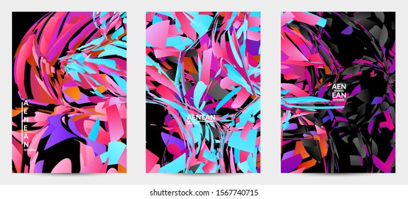 Abstract flyer template with bright colored random small particle explosion. Sport music social media layout. Optical art dynamic background with outer space motion. Futuristic vector.