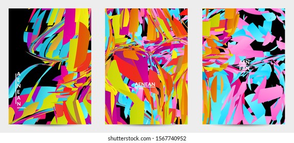 Abstract flyer template with bright colored random small particle explosion. Sport music social media layout. Optical art dynamic background with outer space motion. Futuristic vector.