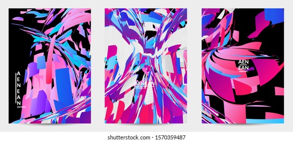 Abstract flyer template with bright colored random small particle explosion. Sport music social media layout. Optical art dynamic background with outer space motion. Futuristic vector.