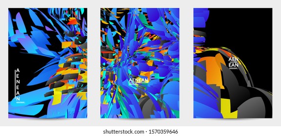 Abstract flyer template with bright colored random small particle explosion. Sport music social media layout. Optical art dynamic background with outer space motion. Futuristic vector.