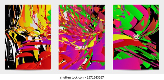 Abstract flyer template with bright colored random small particle explosion. Sport music social media layout. Optical art dynamic background with outer space motion. Futuristic vector.