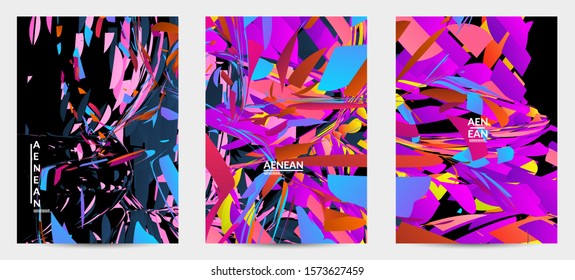 Abstract flyer template with bright colored random small particle explosion. Sport music social media layout. Optical art dynamic background with outer space motion. Futuristic vector.