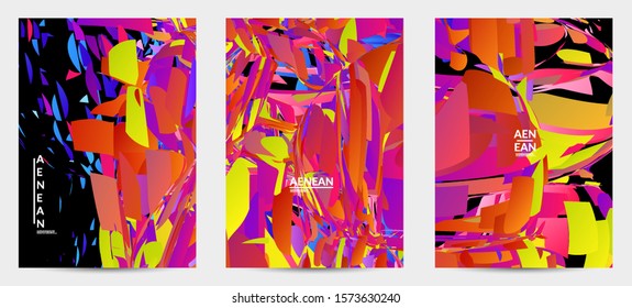 Abstract flyer template with bright colored random small particle explosion. Sport music social media layout. Optical art dynamic background with outer space motion. Futuristic vector.